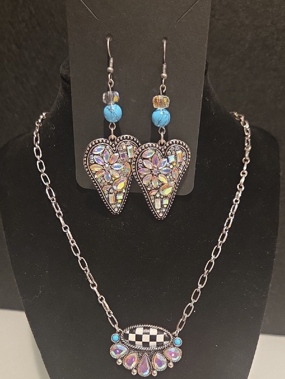 Handcrafted Turquoise & Iridescent Heart Earring and Necklace Set